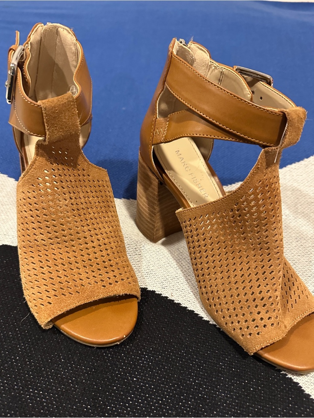 Marc Fisher Cognac Perforated Suede Block Heel Sandals